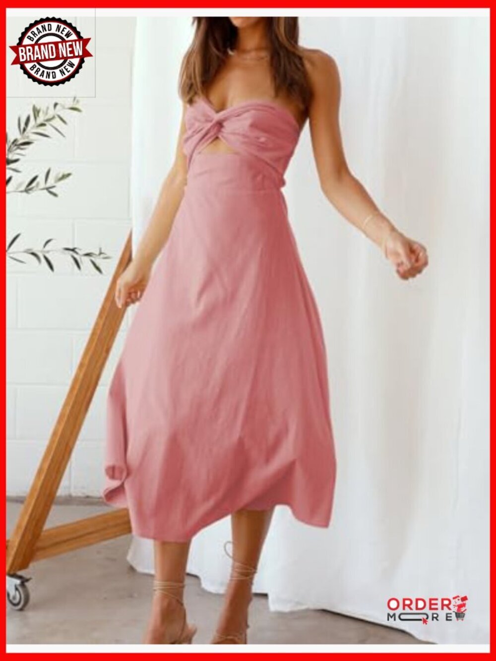 Strapless Sweetheart Neckline Midi Dress with Smocked Back, Twist Front Cut - Picture 4 of 5